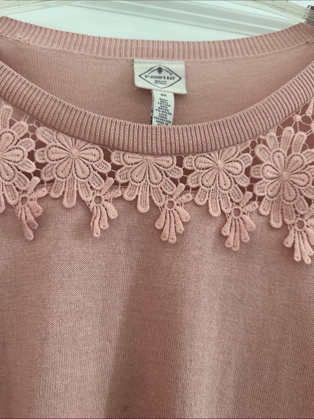 St. John's Bay Dusty Pink Crewneck Sweater with Floral Lace Trim